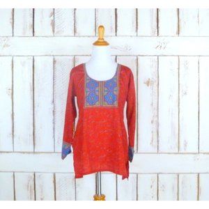 Vintage red silk blend Indian print long tunic blouse